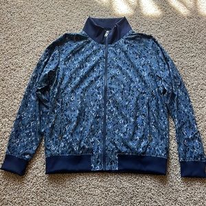 Athleta Bomber Jacket, blue abstract print, size large